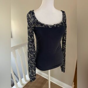 Free People Indigo Lace Sleeve Blouse